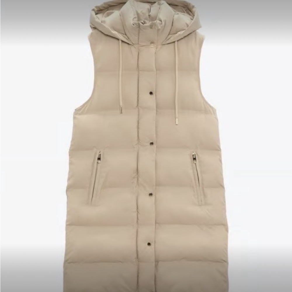 Zara Long Puffer Vest Beige Women's - Small